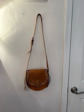 American Eagle Outfitters Tan Suede Crossbody Bag with Embroidered Accent